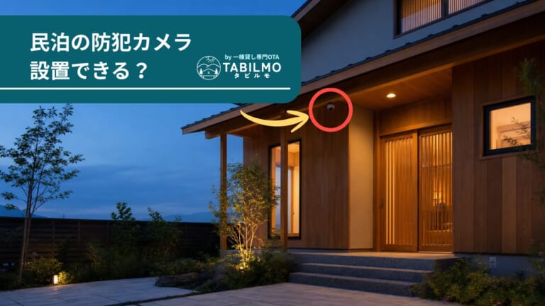 夕暮れの一棟貸し民泊（木造・和モダンの戸建て）の玄関まわりを外から捉えた構図。軒下に小型の屋外防犯カメラが1台さりげなく写る。